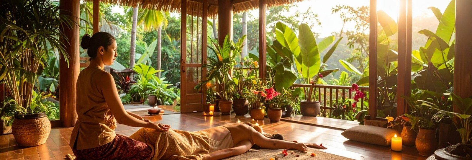 Person modtager traditionel thaimassage i roligt behandlingsrum, terapeut strækker kroppen blidt – illustrerer parasympatisk aktivering og indre ro.