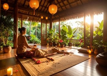 Person modtager traditionel thaimassage i roligt behandlingsrum, terapeut strækker kroppen blidt – illustrerer parasympatisk aktivering og indre ro.
